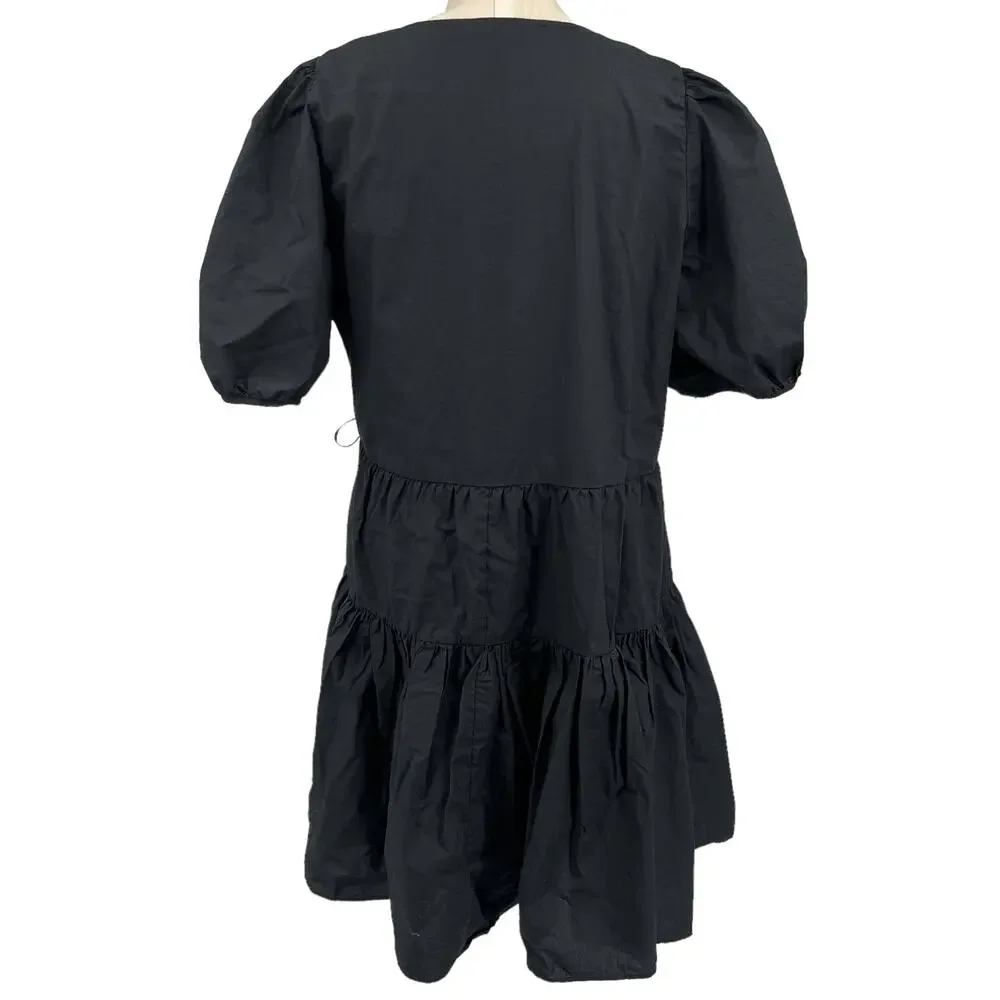 J Crew 2 pc  Black Wrap Dress & Slip Short Puff Sleeves Tiers Size Large NEW